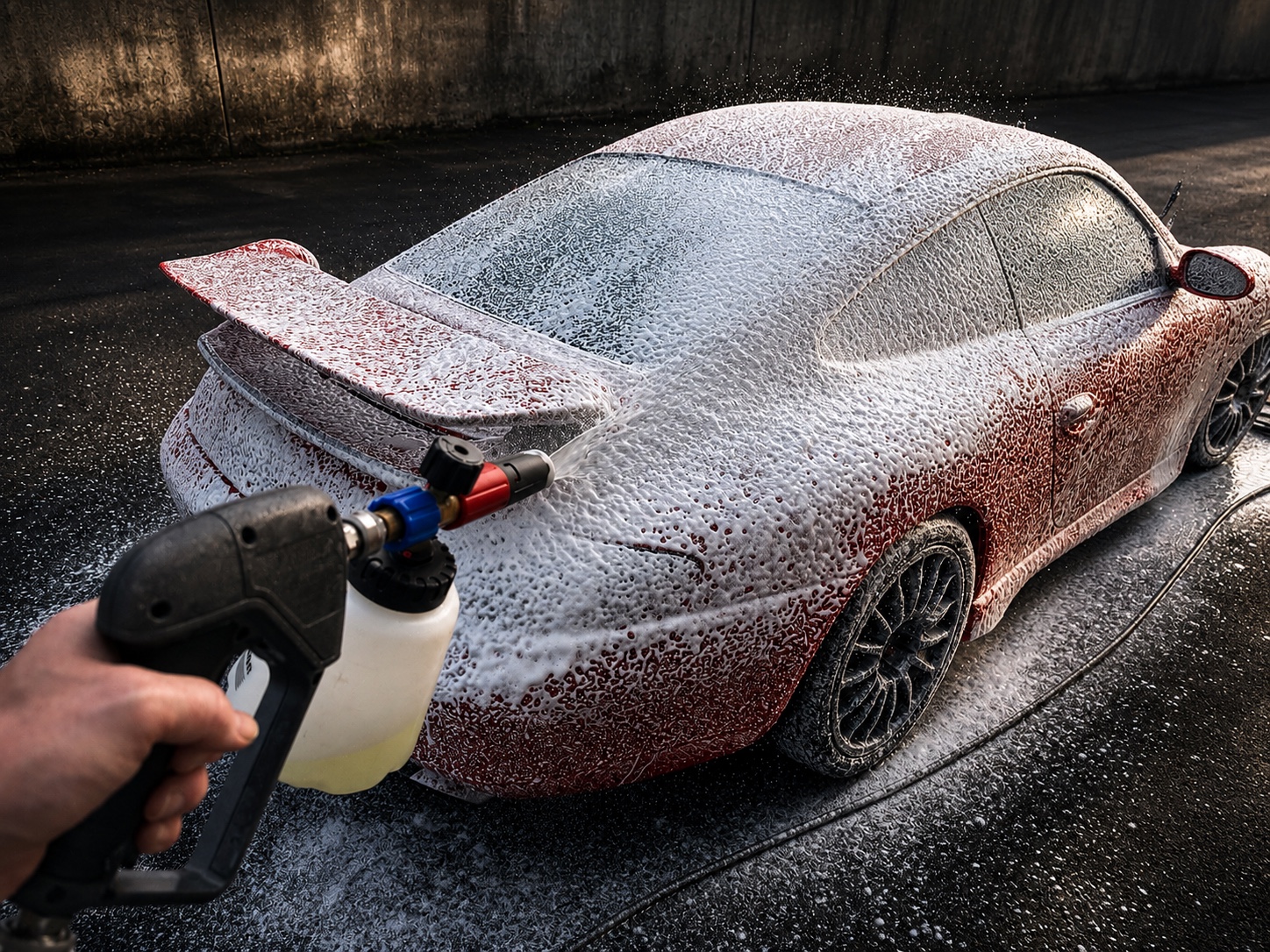 Porsche receiving a pH-neutral snow foam pre-wash during a Schnappy Detailing Vehicle Refresh